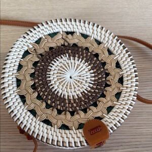 Round Rattan Brown and Cream Woven Crossbody Bag